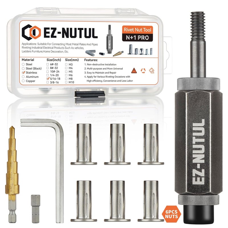 EZ-NUTUL مجموعة أدوات تركيب صمولة ريفيت متعددة القبضات مع عمود مسبق التشكيل ورأس مسطح وصمولة مدخلة مع مجموعة صمامات متنوعة ريفنوت للبناء الصناعي (5/16-18(أداة صمولة إضافية-6 قطع، ستانلس)) - Image 1
